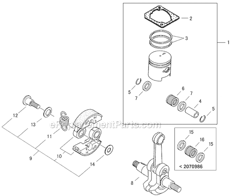 Piston, Clutch Diagram and Parts List for ES726 9029001-9039900 Shindaiwa Sprayer