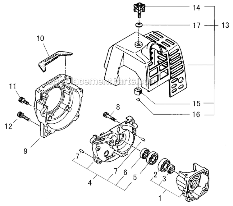 Crankcase, Engine Cover, Fan Cover Diagram and Parts List for ES726 9029001-9039900 Shindaiwa Sprayer