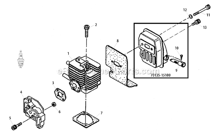 Cylinder, Muffler Diagram and Parts List for ES726  Shindaiwa Sprayer