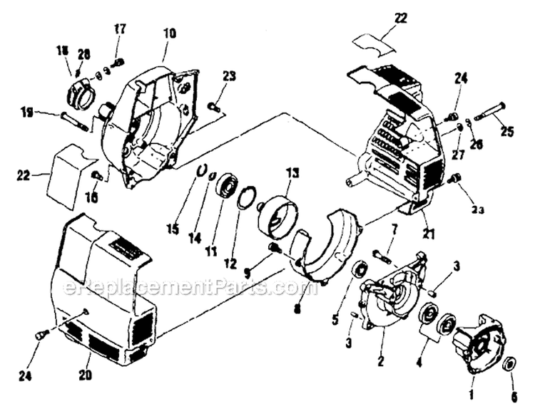Crankcase, Fan Cover Diagram and Parts List for F20  Shindaiwa Trimmer