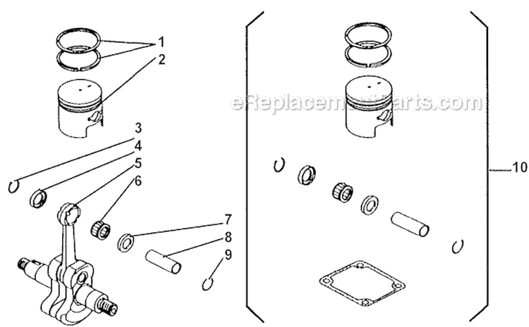 Piston, Crankshaft Diagram and Parts List for GP45  Shindaiwa Water Pump