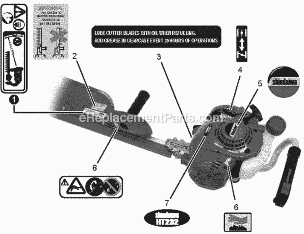 Labels Diagram and Parts List for HT232 T25113001001 - T25113999999 Shindaiwa Hedge Trimmer