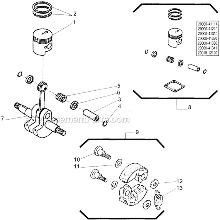 Clutch, Piston Diagram and Parts List for LE260  Shindaiwa Edger