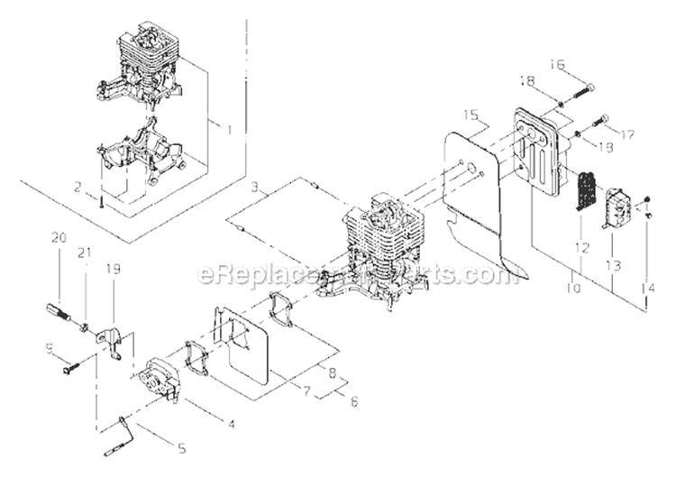 Cylinder, Muffler, Reed Valve Diagram and Parts List for M2510  Shindaiwa Trimmer