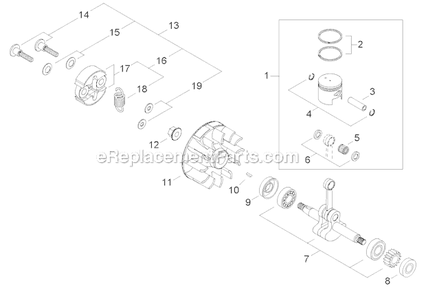 Piston, Clutch Diagram and Parts List for PS344 T15513001001-T15513999999 Shindaiwa Power Broom