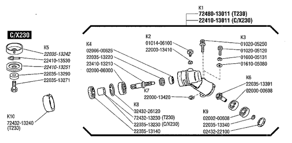 Gearcase Diagram and Parts List for C230 20000303 - 20999999 Shindaiwa Brush Cutter