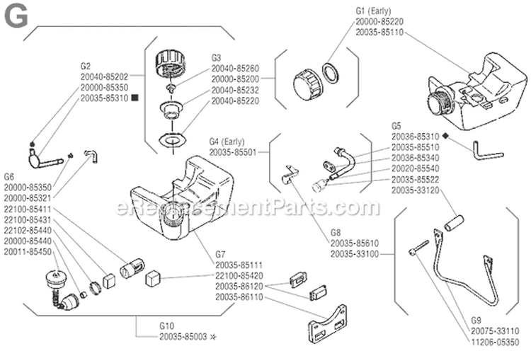 Page G Diagram and Parts List for T-20  Shindaiwa Trimmer