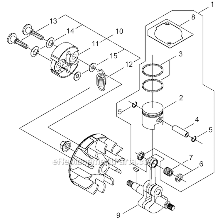 Piston, Clutch Diagram and Parts List for T230XR-EMC 36005665-36007144 Shindaiwa Trimmer