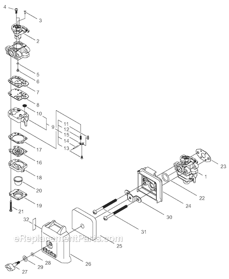 Carburetor, Air Filter Diagram and Parts List for T230XR-EMC 9013195-9095664 Shindaiwa Trimmer