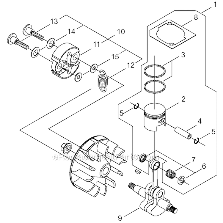 Piston, Clutch Diagram and Parts List for T230XR-EMC 9013195-9095664 Shindaiwa Trimmer