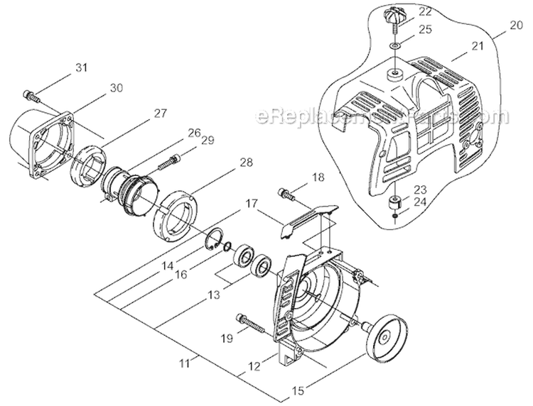 Crankcase, Engine Cover, Fan Cover - Part 2 Diagram and Parts List for T230XR-EMC 9013195-9095664 Shindaiwa Trimmer