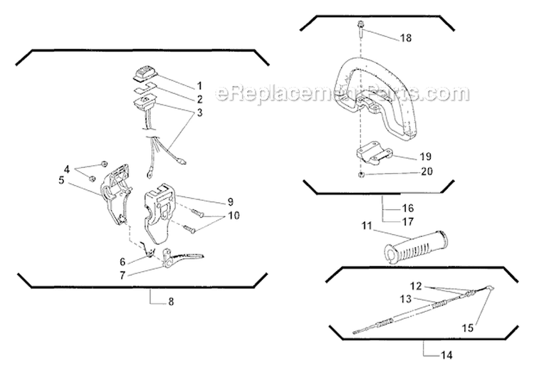 Handle, Throttle Lever Diagram and Parts List for T230X 2000303 and Up Shindaiwa Trimmer