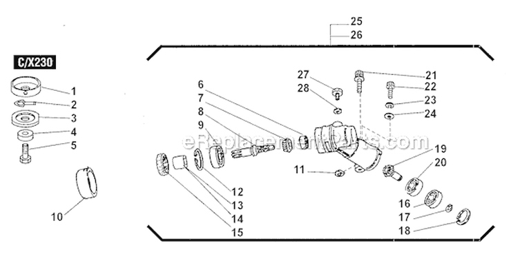 Gear Case Diagram and Parts List for T230X 2000303 and Up Shindaiwa Trimmer