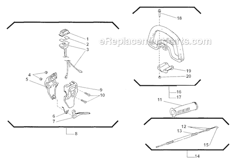 Handle, Throttle Lever Diagram and Parts List for T230 2000303 and Up Shindaiwa Trimmer