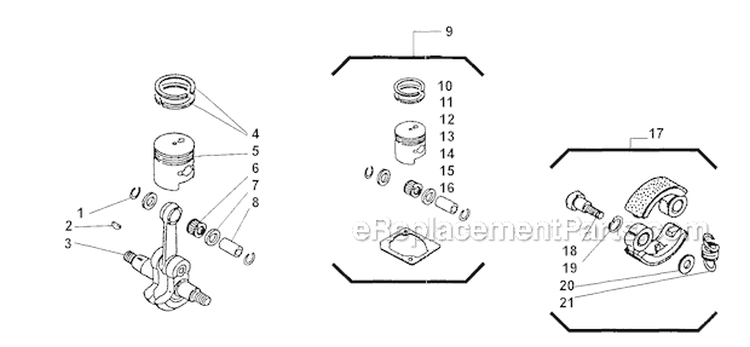 Clutch, Piston Diagram and Parts List for T230 2000303 and Up Shindaiwa Trimmer