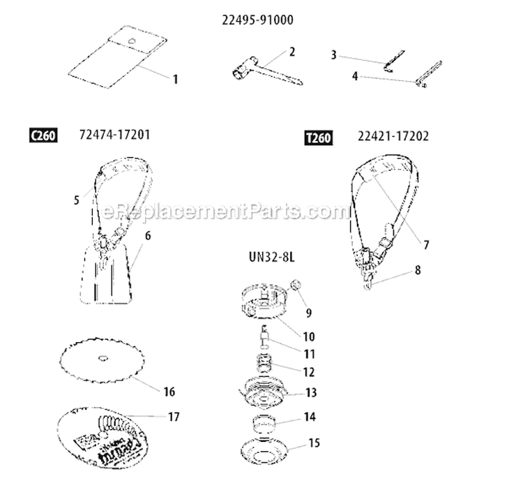 Tool Set, Harness, Accessories Diagram and Parts List for T260B  Shindaiwa Trimmer