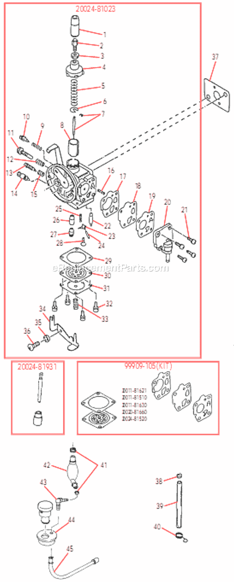 Carburetor (Non EPA/CARB) Diagram and Parts List for T270  Shindaiwa Trimmer