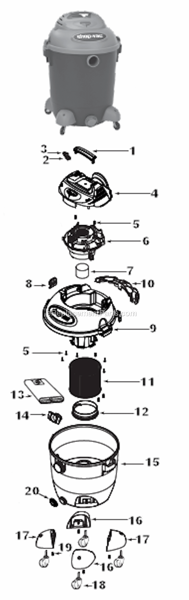 Page A Diagram and Parts List for 16LT550A  Shop-Vac Utility Vacuum