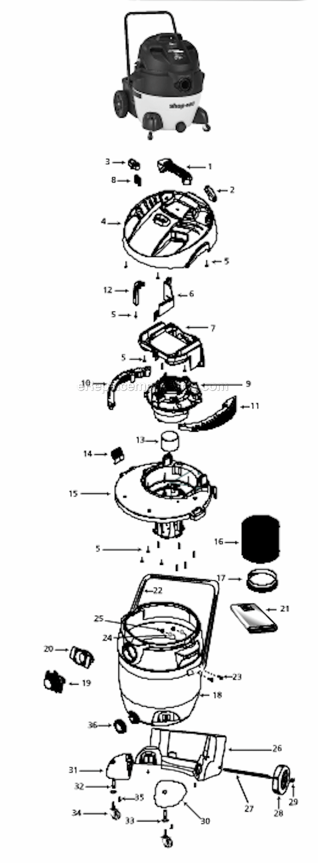 Page A Diagram and Parts List for 16RHT650C SV9621900 Shop-Vac Utility Vacuum