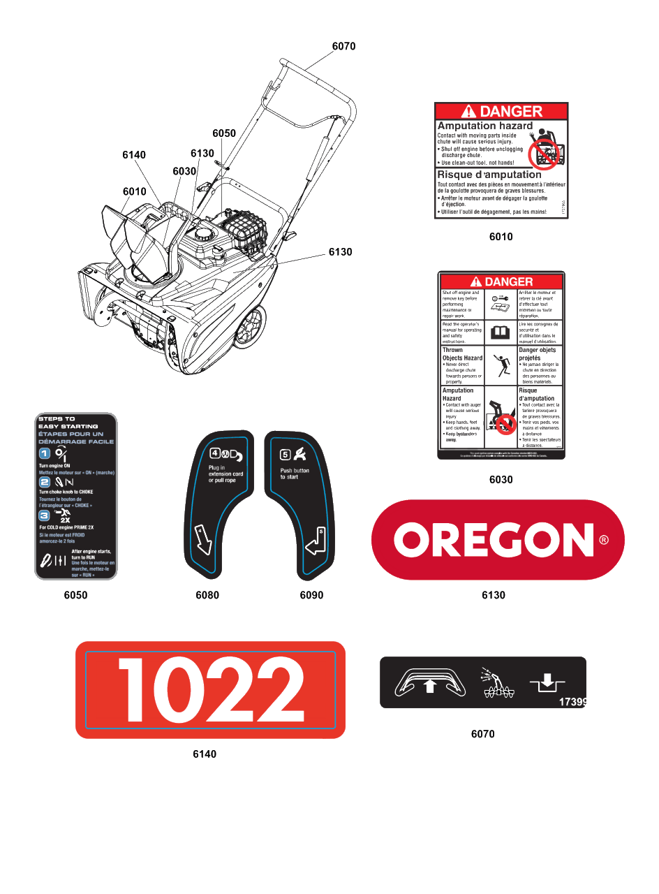 Decals Group Diagram and Parts List for 1022ER 1697238-01 Simplicity Snow Blower