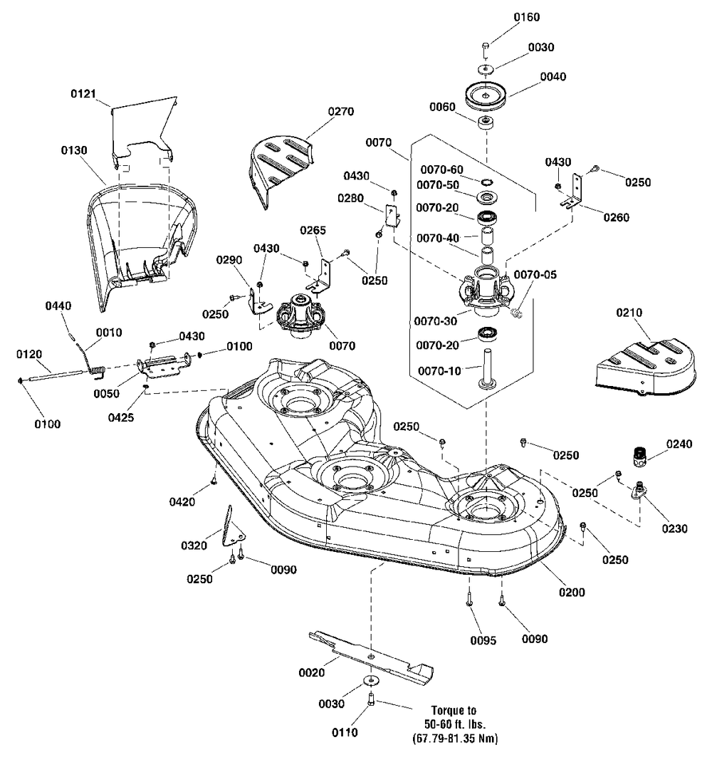46-Inch Mower Deck - Housing, Arbor And Blade Group Diagram and Parts List for SZT150 2691693-00 Simplicity Lawn Tractor