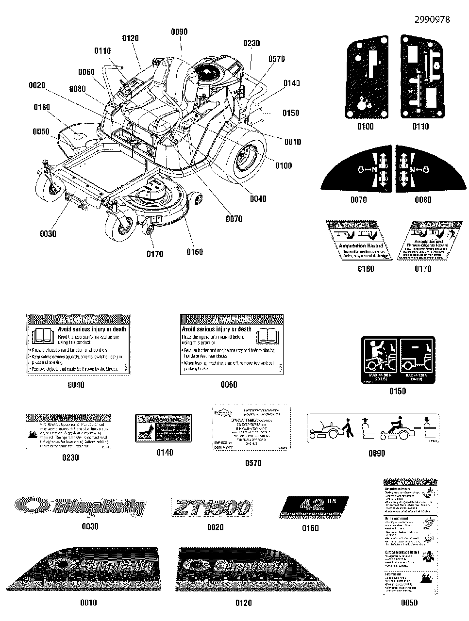Decal Group Diagram and Parts List for ZT1842 2691139-00 Simplicity Lawn Tractor