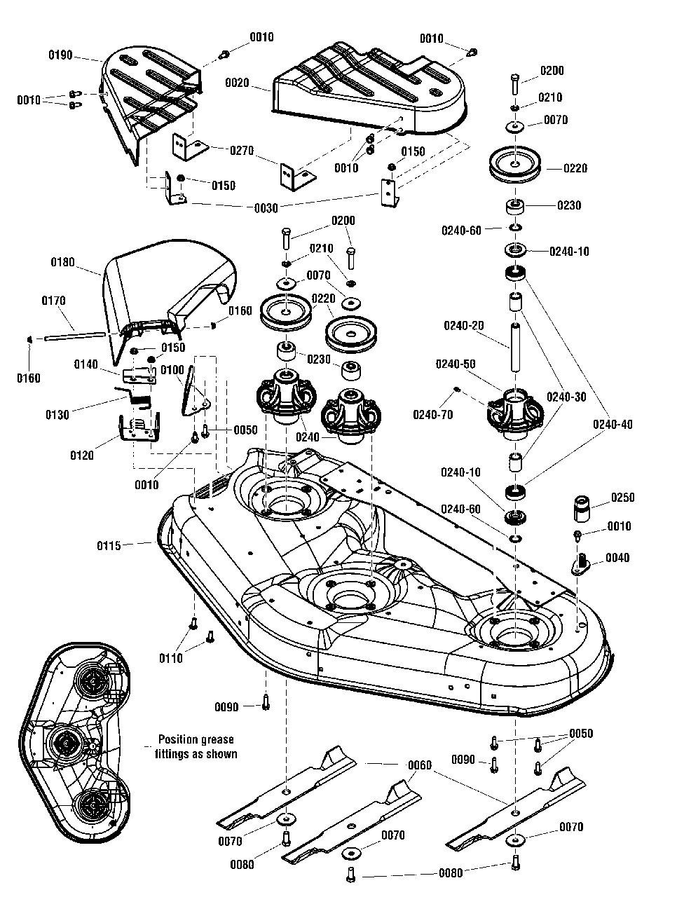 46-Inch Mower Deck - Housing, Arbor And Blade Group Diagram and Parts List for ZT2446 2691039-00 Simplicity Lawn Tractor