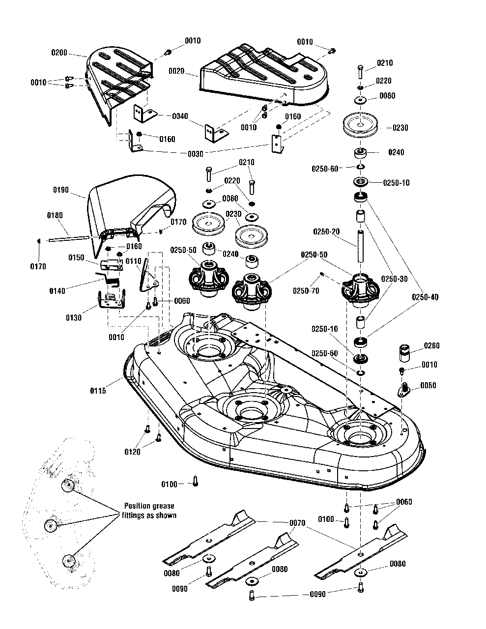 46-Inch Mower Deck - Housing, Arbor And Blade Group Diagram and Parts List for ZT2246 2691037-01 Simplicity Lawn Tractor