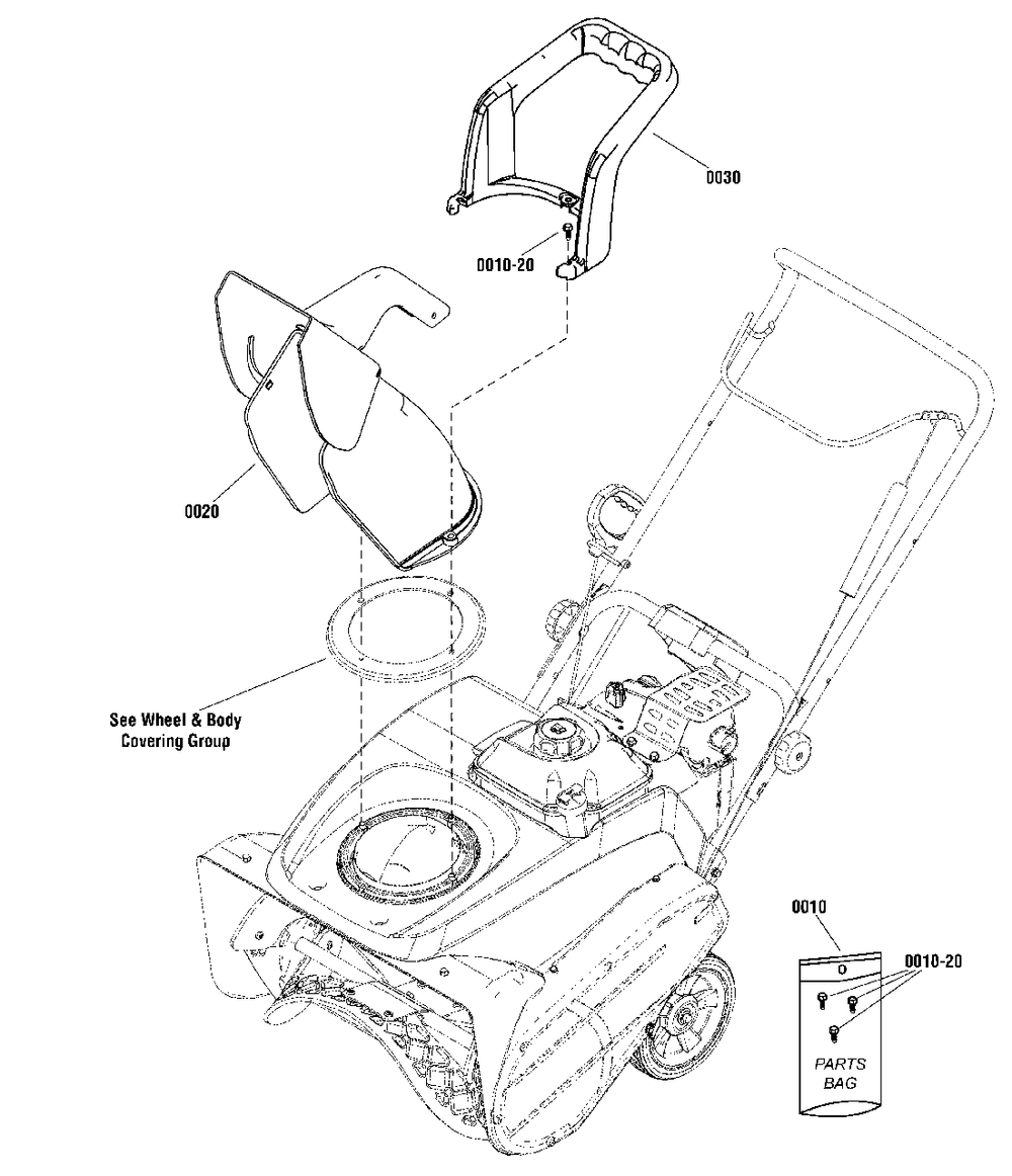 Chute Group - Quick Diagram and Parts List for 1022E 1696714-00 Simplicity Snow Blower