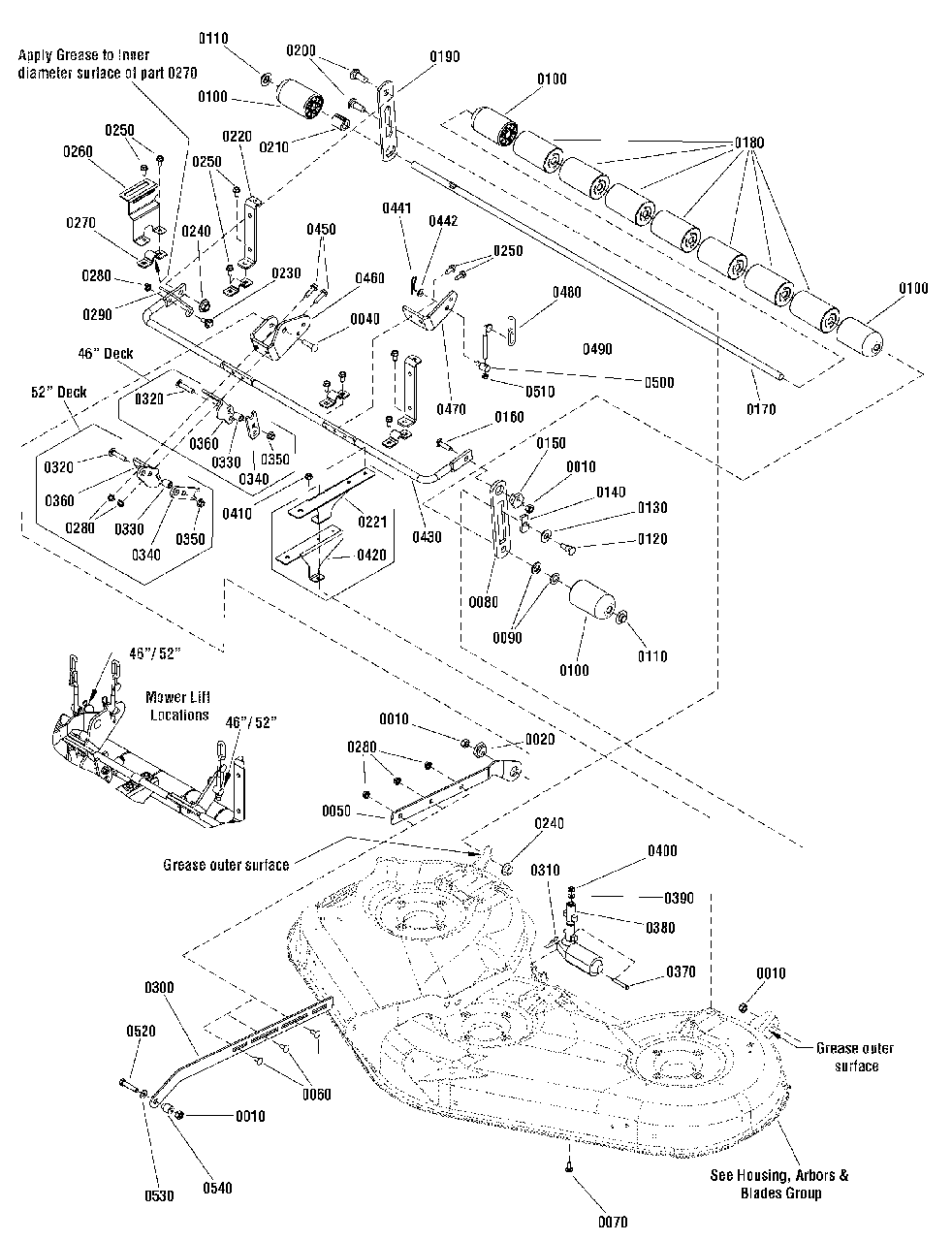 46-Inch And 52-Inch Mower Deck - Height Adjustment And Roller Bar Group Diagram and Parts List for 1695768  Simplicity Lawn Tractor Accessories