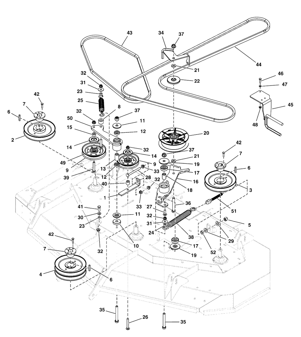 61-Inch Mower Deck - Pulleys, Belts And Idler Arms (2 Belt System) Diagram and Parts List for 5901798  Simplicity Lawn Tractor