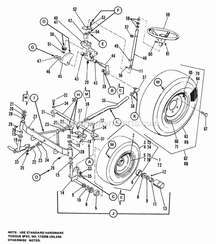Wheel Axle  Steering Group Diagram and Parts List for 1690211  Simplicity Lawn Tractor