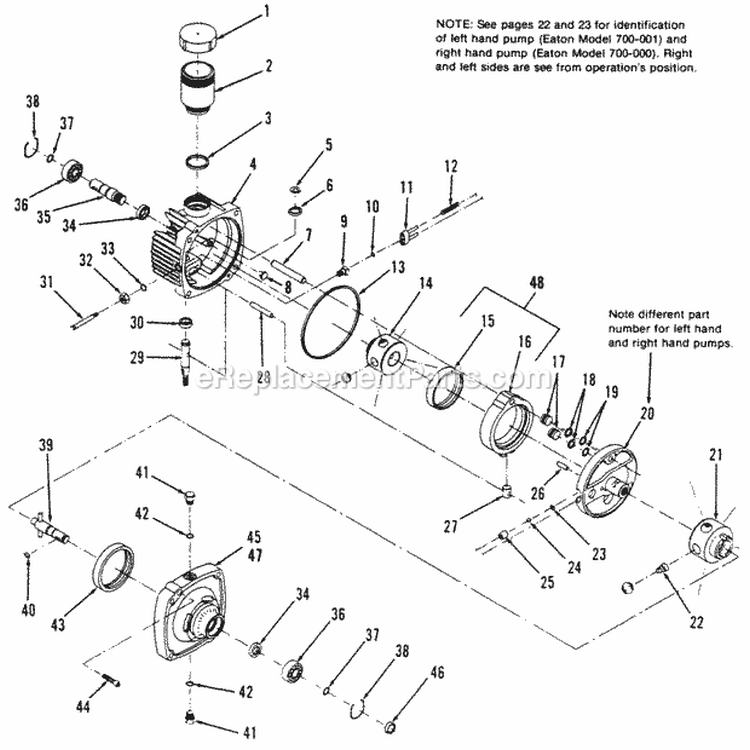 Eaton Hydro Pump 700-000 (Rh-Cw)  700-001 (Lh-Ccw) Diagram and Parts List for 1691973  Simplicity Lawn Tractor