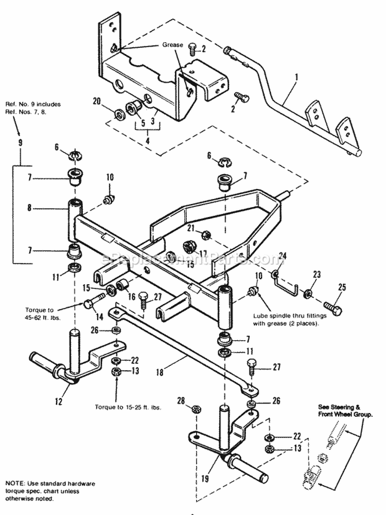 Front Axle Group Diagram and Parts List for 1692054  Simplicity Lawn Tractor