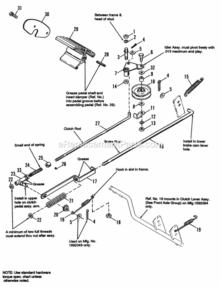 Brake  Clutch Group Diagram and Parts List for 1692054  Simplicity Lawn Tractor