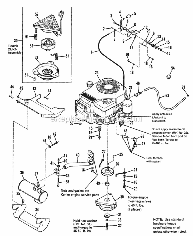 Engine Group - Electric Clutch - 14Hp Kohler Diagram and Parts List for 1692025  Simplicity Lawn Tractor