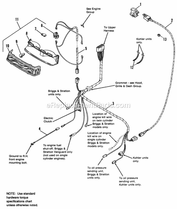 Electrical Group (Lower Harness) Diagram and Parts List for 1691891  Simplicity Lawn Tractor