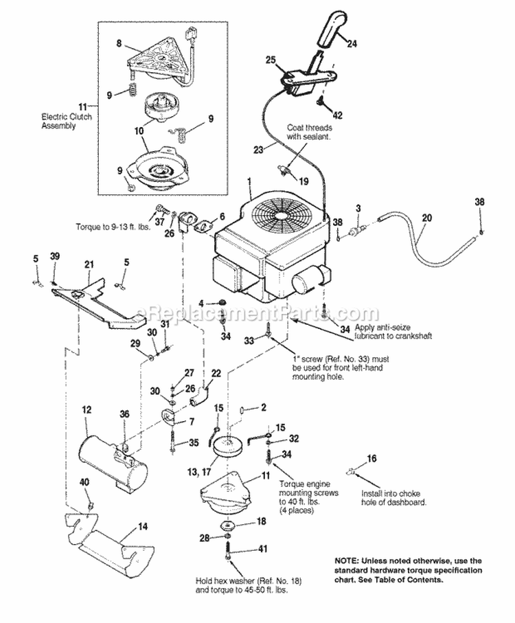 Engine Group - Electric Clutch - 15Hp Single Cylinder Diagram and Parts List for 1692527  Simplicity Lawn Tractor