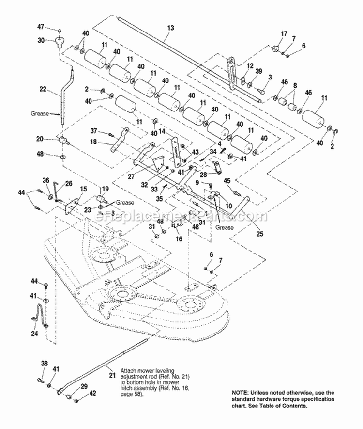 44 Mower Deck - Height Adjustment  Rollers Diagram and Parts List for 1692427  Simplicity Lawn Tractor
