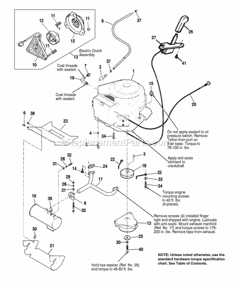 Engine Group - Electric Clutch - 14  16Hp Twin Cylinder Diagram and Parts List for 1692727  Simplicity Lawn Tractor