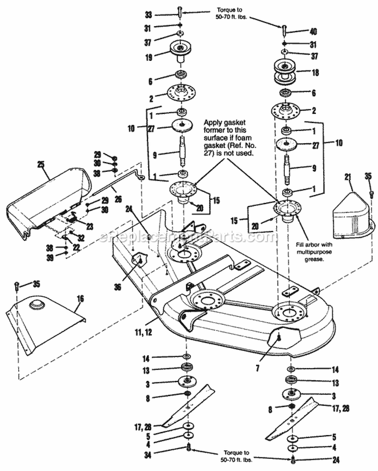 44  50 Mower - Deck Arbors  Blades Diagram and Parts List for 1692439  Simplicity Lawn Tractor