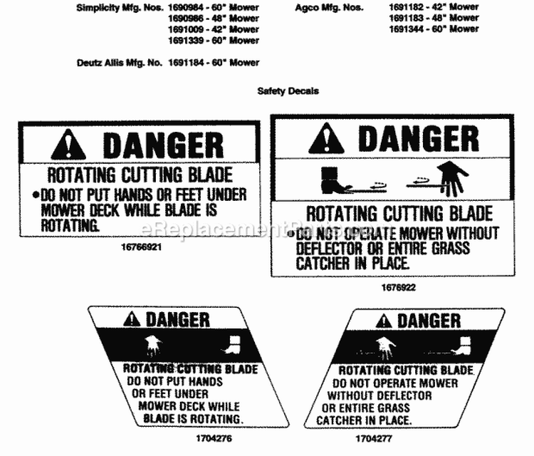 Safety Decals Diagram and Parts List for 1691925  Simplicity Lawn Tractor