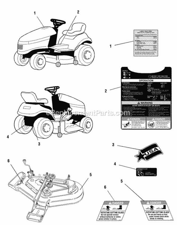 Decals - Safety  Common Diagram and Parts List for 1692836  Simplicity Lawn Tractor