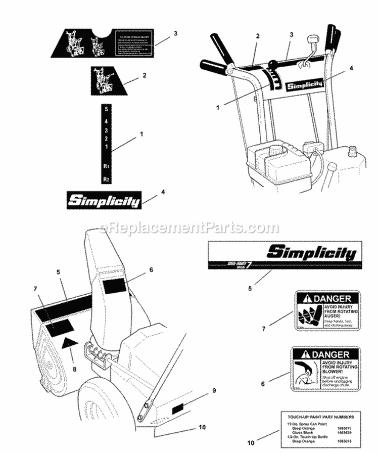 Decals Diagram and Parts List for 1692680  Simplicity Snow Blower