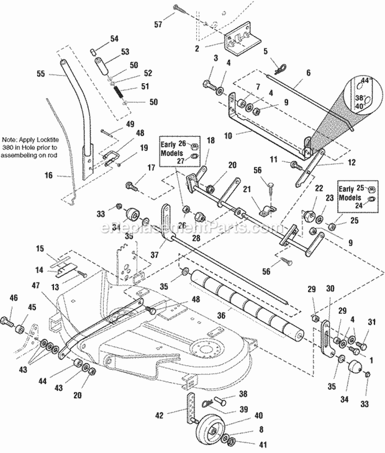 38 Mower Deck - Height Adjustment  Roller Bar Group (985777) Diagram and Parts List for 1693798  Simplicity Lawn Tractor