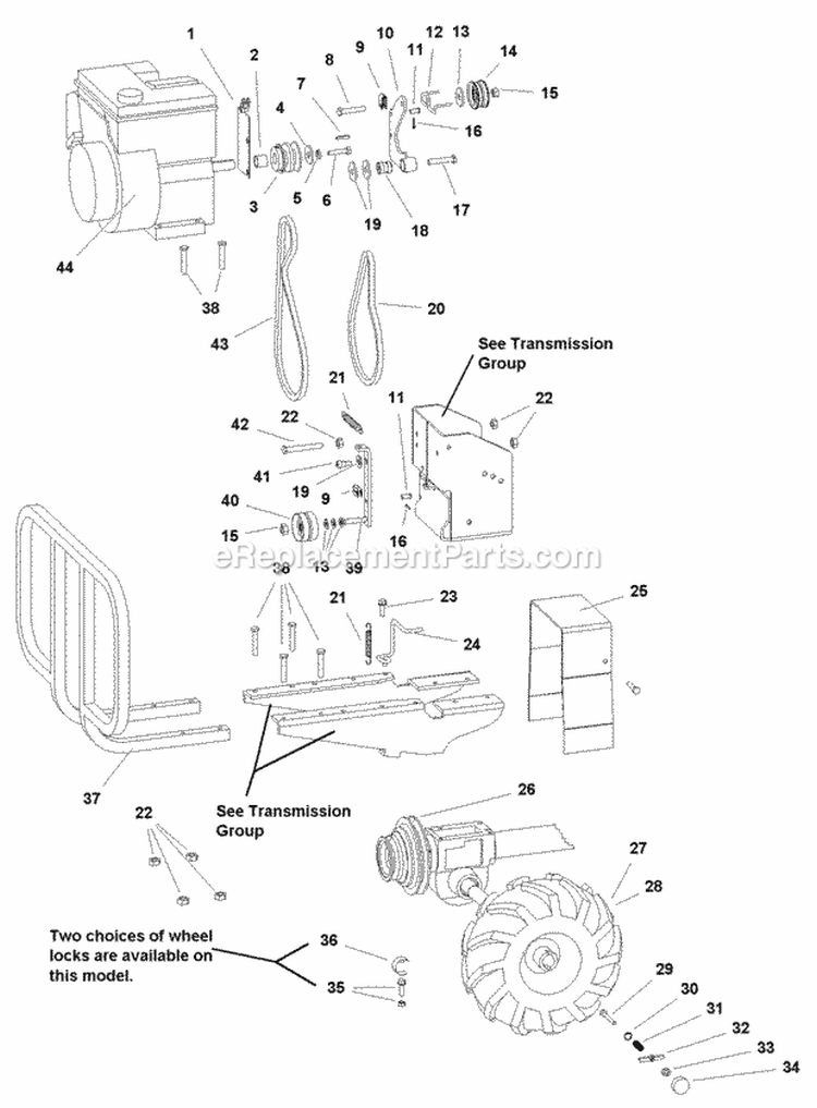 Engine Mount Belts  Wheels Group (985825) Diagram and Parts List for 1693848  Simplicity Tiller