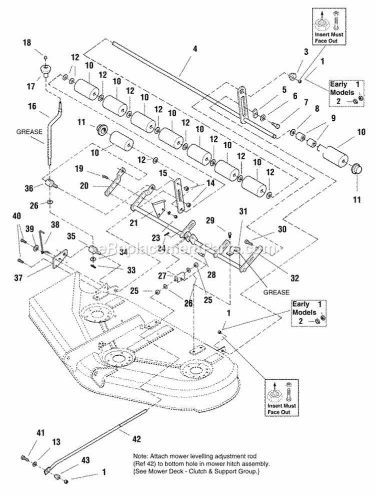 44 Mower Deck - Height Adjustment  Roller Bar Group (984324) Diagram and Parts List for 1693858  Simplicity Lawn Tractor