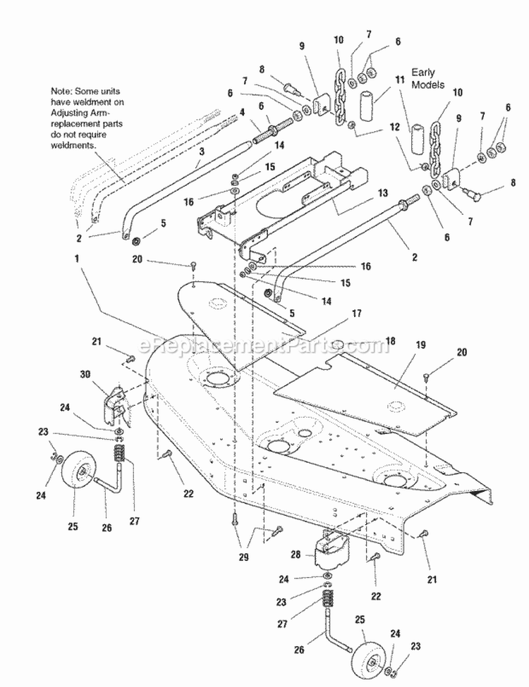 60 Mower Deck - Housing Cover  Gauge Wheel Group (985506) Diagram and Parts List for 1693119  Simplicity Lawn Tractor
