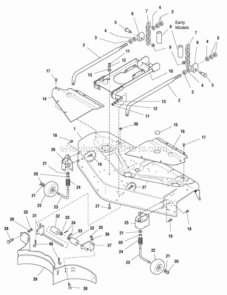 48 Mower Deck - Housing Cover  Gauge Wheel Group (985507) Diagram and Parts List for 1693125  Simplicity Lawn Tractor
