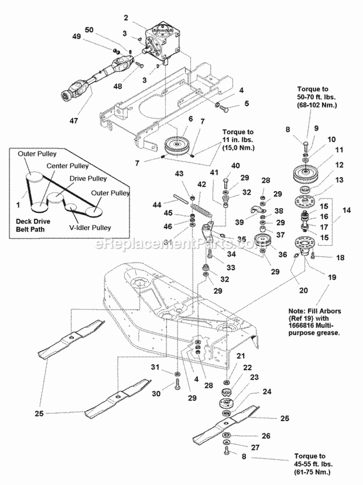 48 Mower Deck - Drive Belt Arbor  Blade Group (985163) Diagram and Parts List for 1693125  Simplicity Lawn Tractor